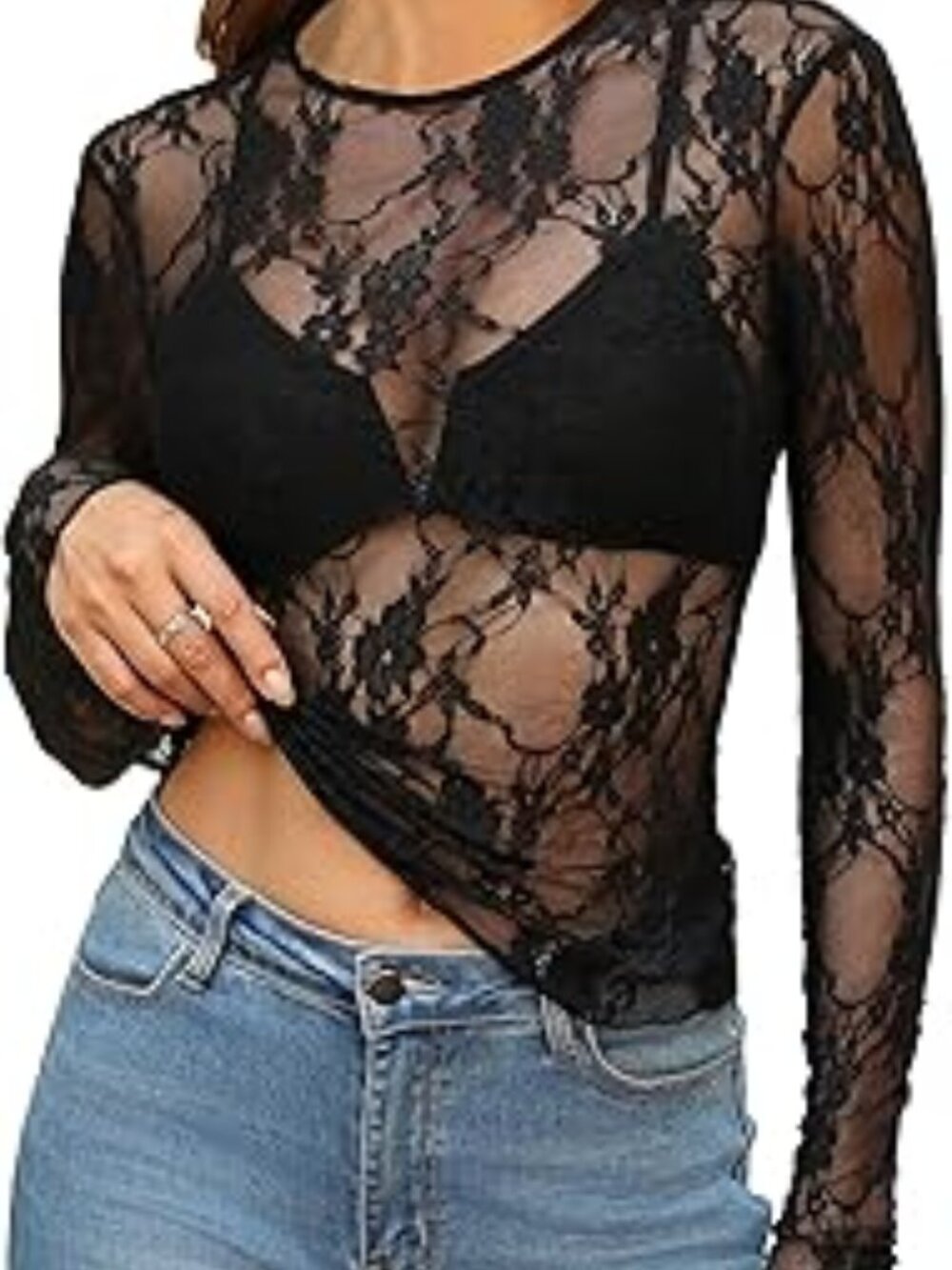 Ultra sheer Long-Sleeve Lightweight Mesh Top Featuring Intricate Floral Lace